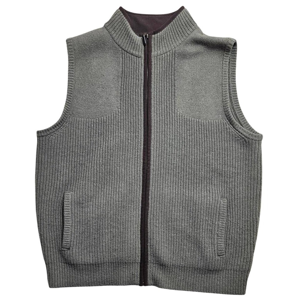 LL Bean Mens Merino Lambswool Full Zip Sweater Vest Green Mock Neck L‎ 245457